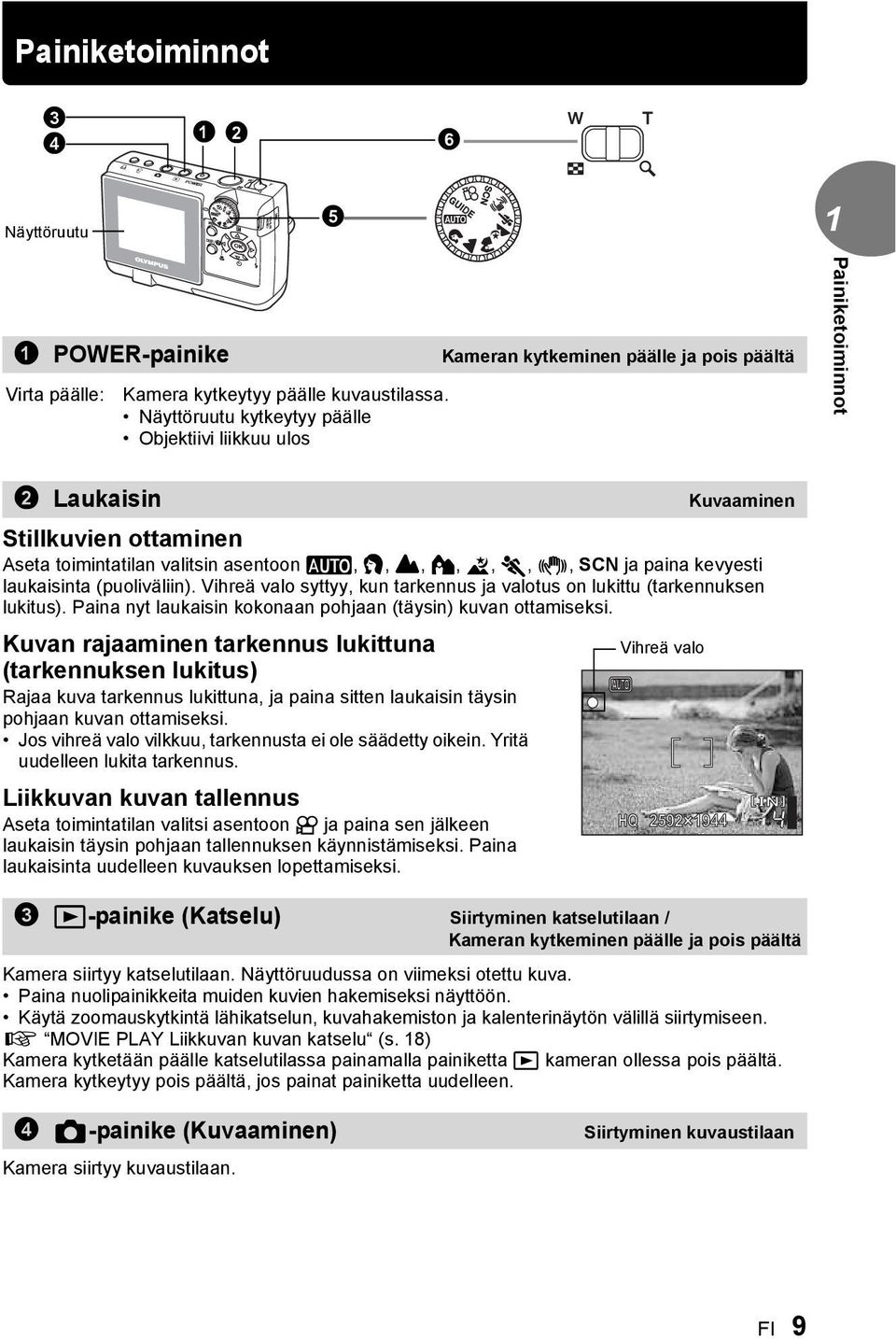 laukaisinta (puoliväliin). Vihreä valo syttyy, kun tarkennus ja valotus on lukittu (tarkennuksen lukitus). Paina nyt laukaisin kokonaan pohjaan (täysin) kuvan ottamiseksi.