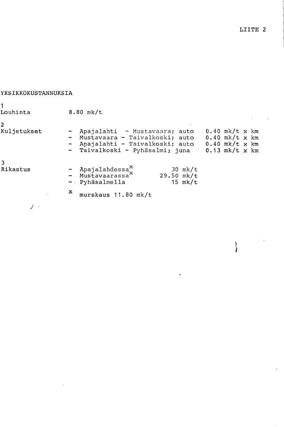 40 mk/t x km Mustavaara - Taivalkoski; auto 0.