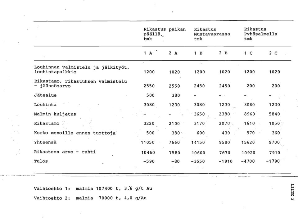 2550 2450 2450 200 200 Jatealue Louhinta Malmin kuljetus Rikastamo - Korko menoille ennen tuottoja Yhteensä