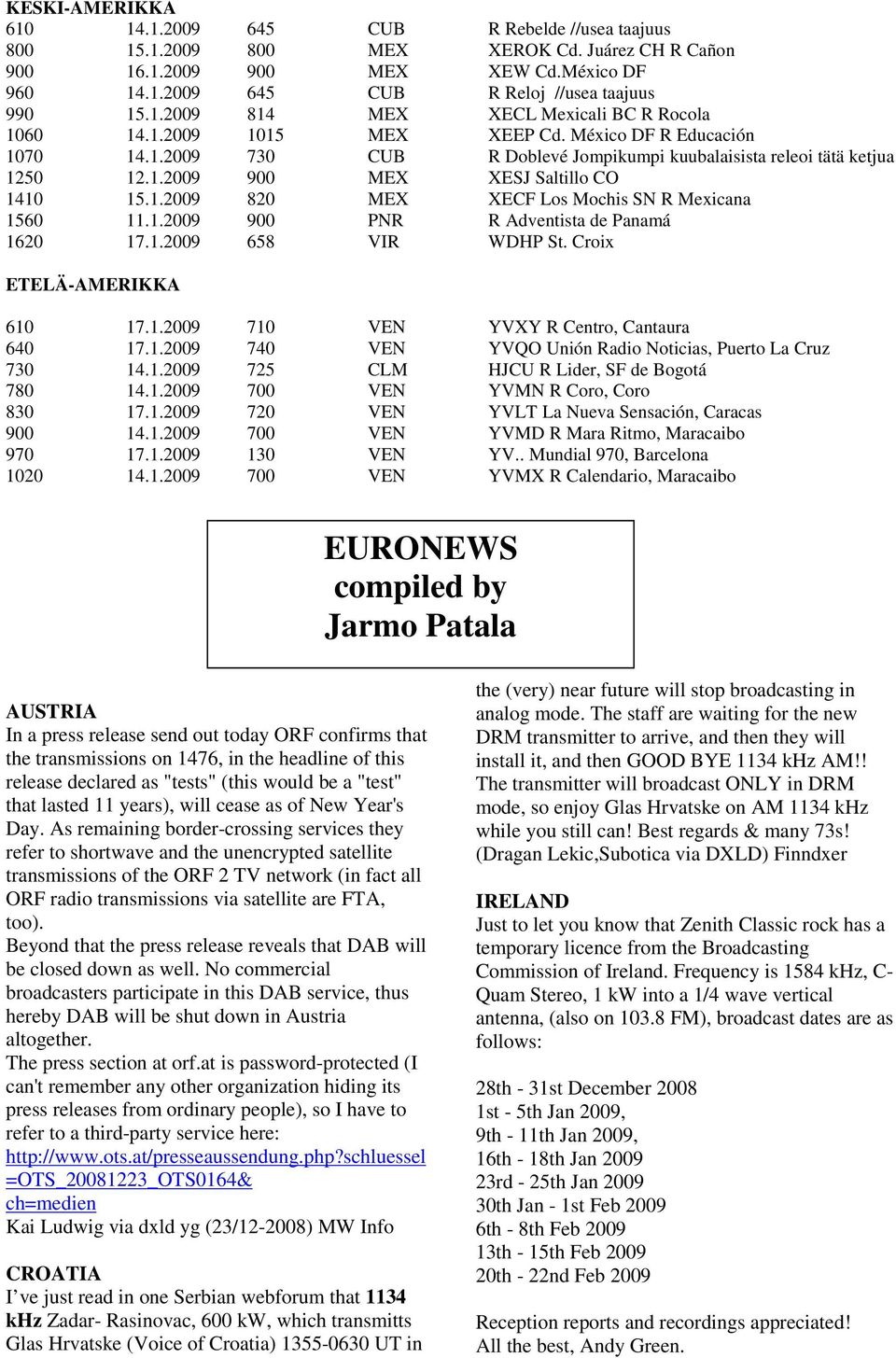 1.2009 820 MEX XECF Los Mochis SN R Mexicana 1560 11.1.2009 900 PNR R Adventista de Panamá 1620 17.1.2009 658 VIR WDHP St. Croix ETELÄ-AMERIKKA 610 17.1.2009 710 VEN YVXY R Centro, Cantaura 640 17.1.2009 740 VEN YVQO Unión Radio Noticias, Puerto La Cruz 730 14.