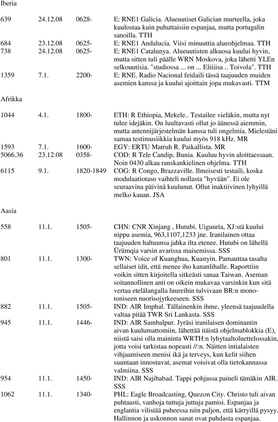 .. Eliiiisa.. Toivola". TTH 1359 7.1. 2200- E: RNE. Radio Nacional feidaili tässä taajuuden muiden asemien kanssa ja kuului ajoittain jopa mukavasti. TTM Afrikka 1044 4.1. 1800- ETH: R Ethiopia, Mekele.