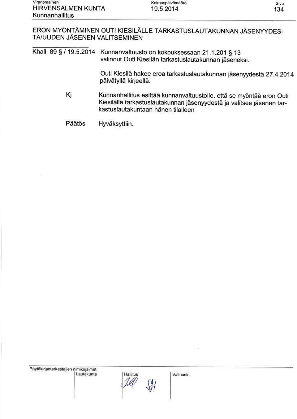 1.2o1 S 13 valínnut Outi Kiesilän tarkastuslautakunnan jäseneksi outi Kiesilä ha kee eroa tarkastusla uta kun nan jäsenyyde