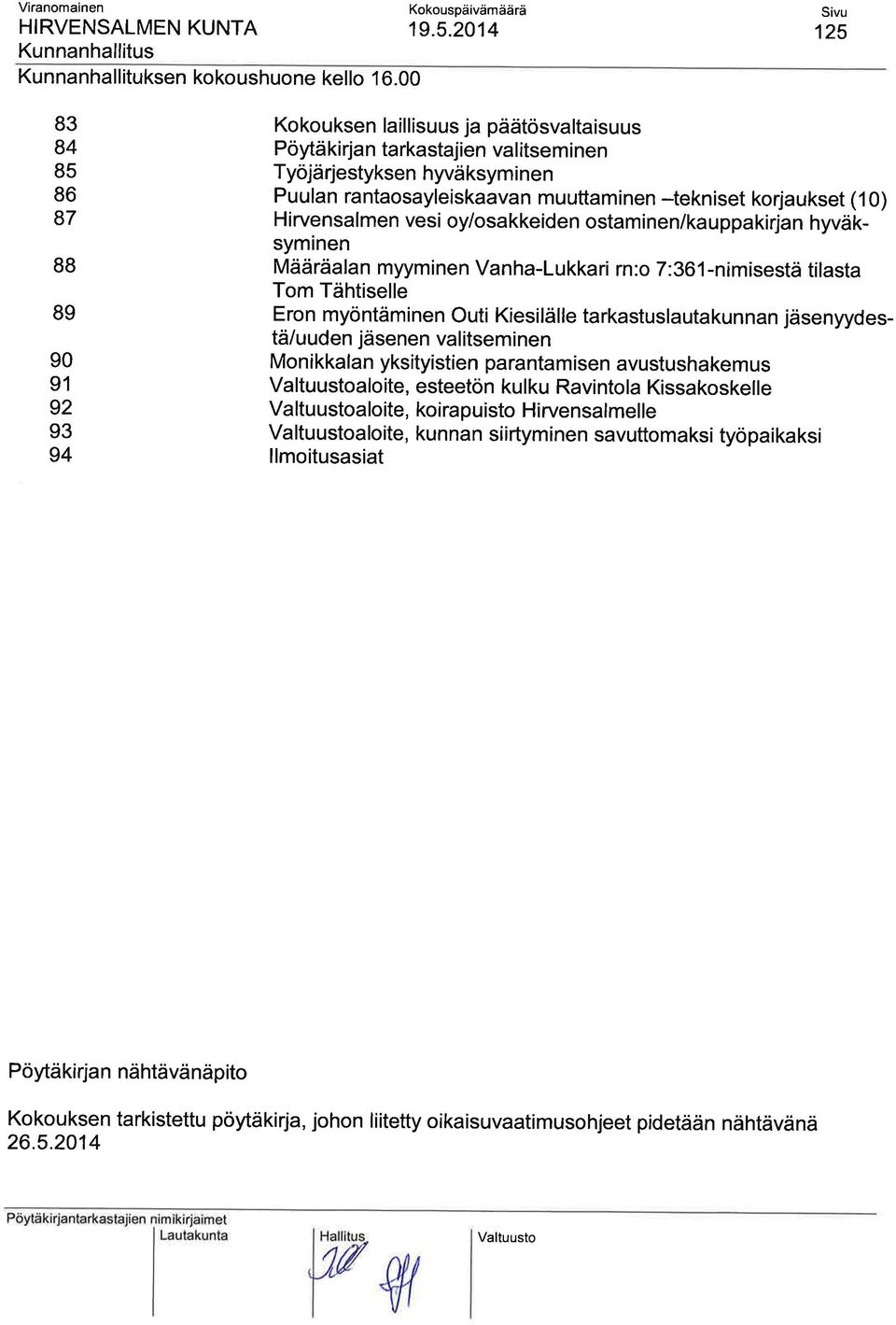 -tekniset korjaukset (1 0) H i rvensalmen vesi oy/osa kkeiden ostam i nen/ka u ppa kirja n hyväksyminen Määräalan myyminen Vanha-Lukkari rn:o 7:361-nimisestä tilasta Tom Tähtiselle Eron myöntäminen