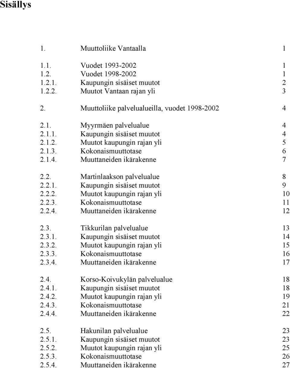 2.2. Muutot kaupungin rajan yli 10 2.2.3. Kokonaismuuttotase 11 2.2.4. Muuttaneiden ikärakenne 12 2.3. Tikkurilan palvelualue 13 2.3.1. Kaupungin sisäiset muutot 14 2.3.2. Muutot kaupungin rajan yli 15 2.