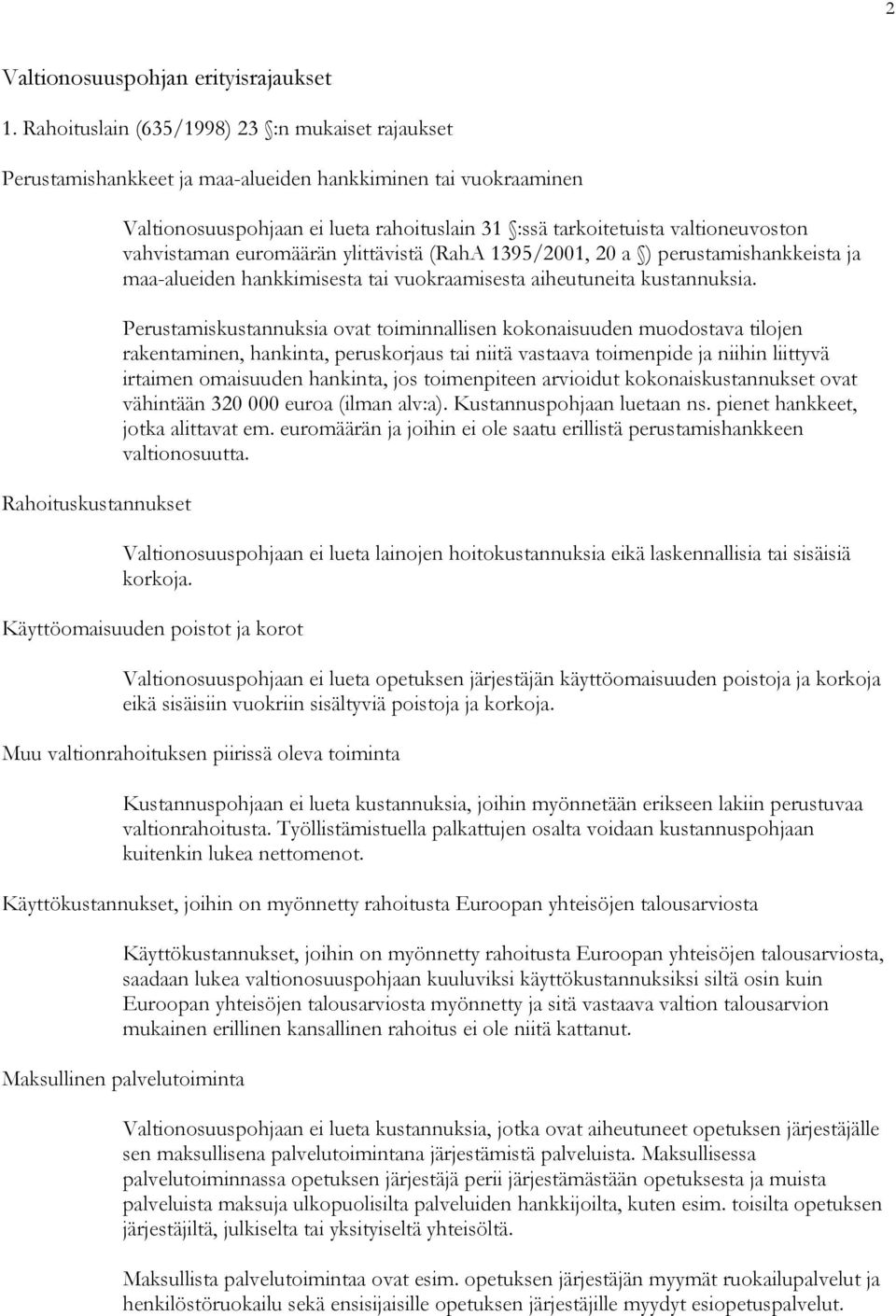 valtioneuvoston vahvistaman euromäärän ylittävistä (RahA 1395/2001, 20 a ) perustamishankkeista ja maa-alueiden hankkimisesta tai vuokraamisesta aiheutuneita kustannuksia.