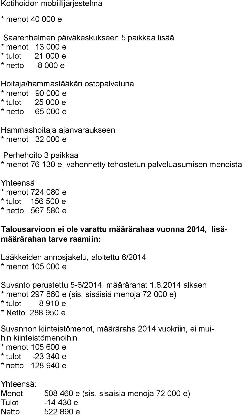 156 500 e * netto 567 580 e Talousarvioon ei ole varattu määrärahaa vuonna 2014, lisämäärärahan tarve raamiin: Lääkkeiden annosjakelu, aloitettu 6/2014 * menot 105 000 e Suvanto perustettu 5-6/2014,