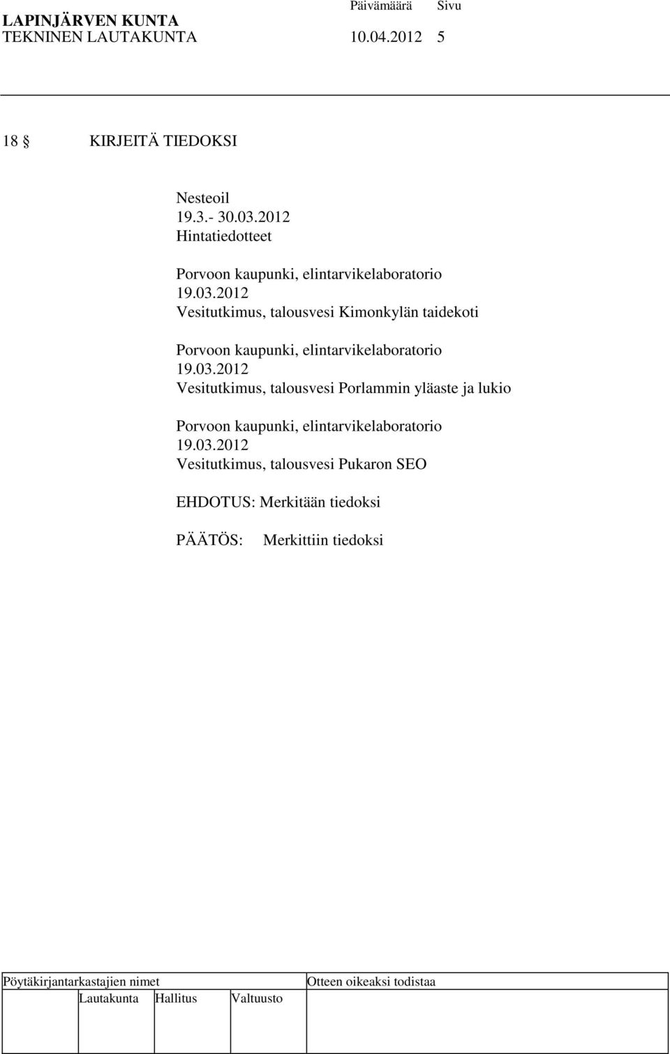 2012 Vesitutkimus, talousvesi Kimonkylän taidekoti Porvoon kaupunki, elintarvikelaboratorio 19.03.