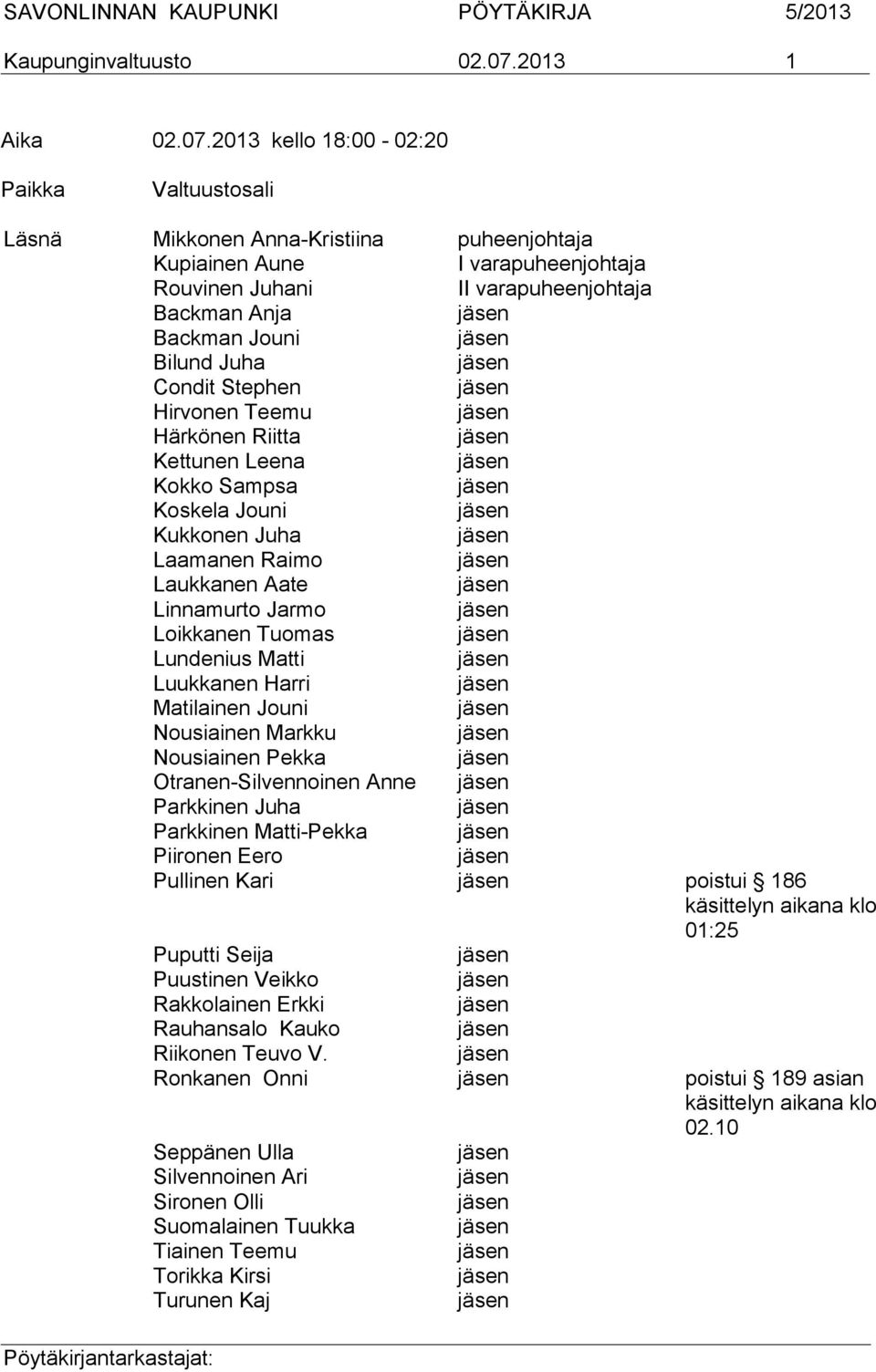 2013 kello 18:00-02:20 Paikka Valtuustosali Läsnä Mikkonen Anna-Kristiina puheenjohtaja Kupiainen Aune I varapuheenjohtaja Rouvinen Juhani II varapuheenjohtaja Backman Anja jäsen Backman Jouni jäsen