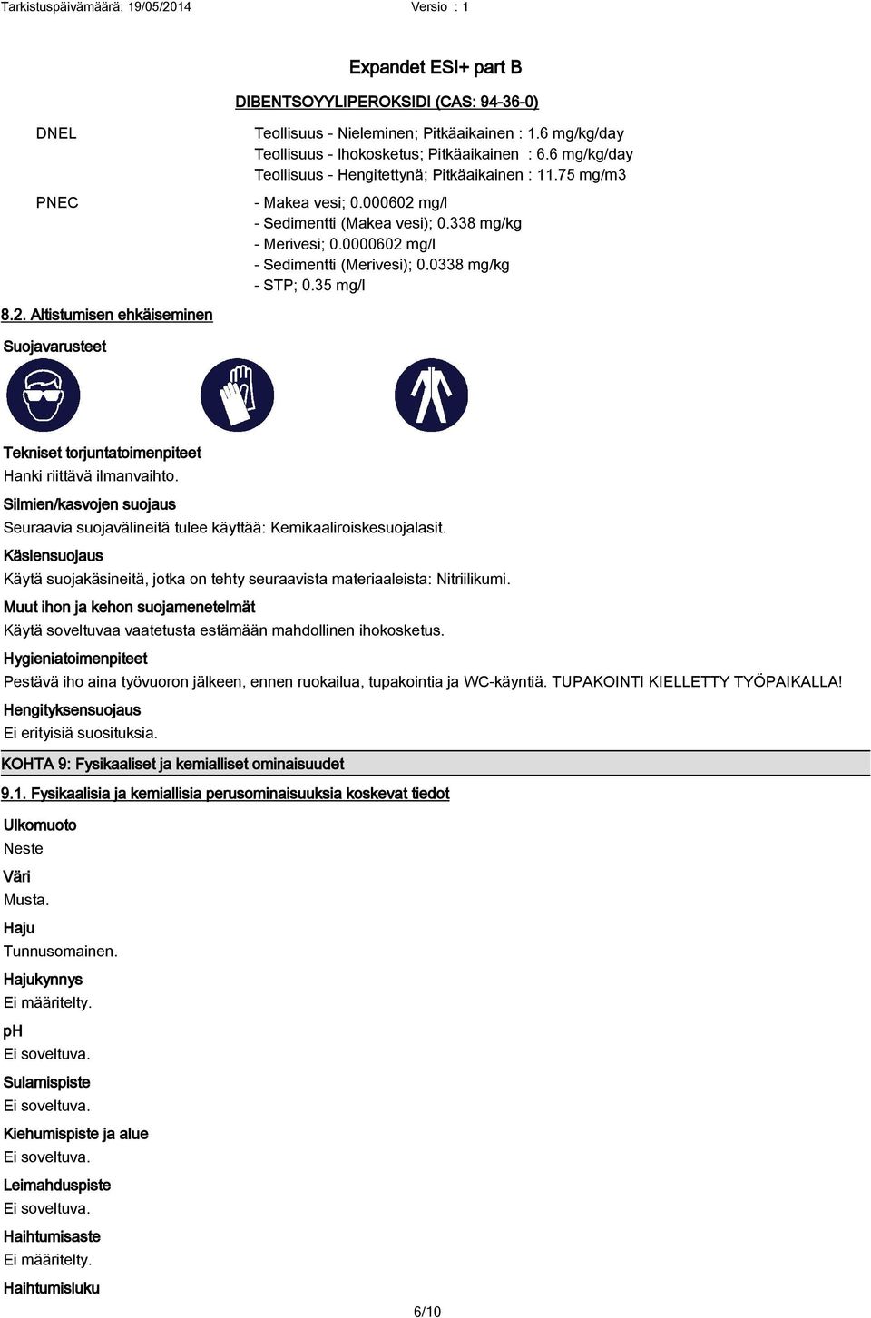 0338 mg/kg - STP; 0.35 mg/l 8.2. Altistumisen ehkäiseminen Suojavarusteet Tekniset torjuntatoimenpiteet Hanki riittävä ilmanvaihto.