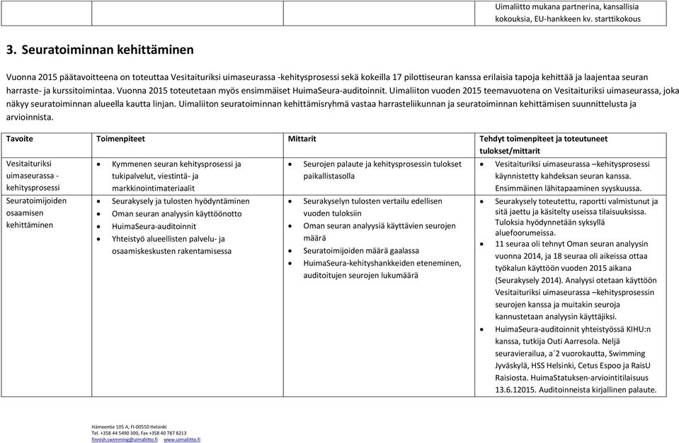 harraste- ja kurssitoimintaa. Vuonna 2015 toteutetaan myös ensimmäiset HuimaSeura-auditoinnit.