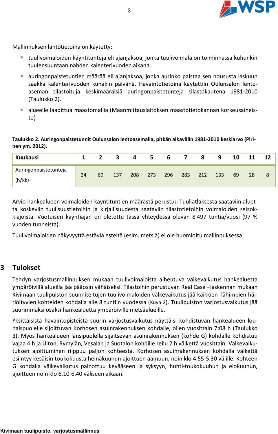 Havaintotietoina käytettiin Oulunsalon lentoaseman tilastoituja keskimääräisiä auringonpaistetunteja tilastokautena 1981-2010 (Taulukko 2).