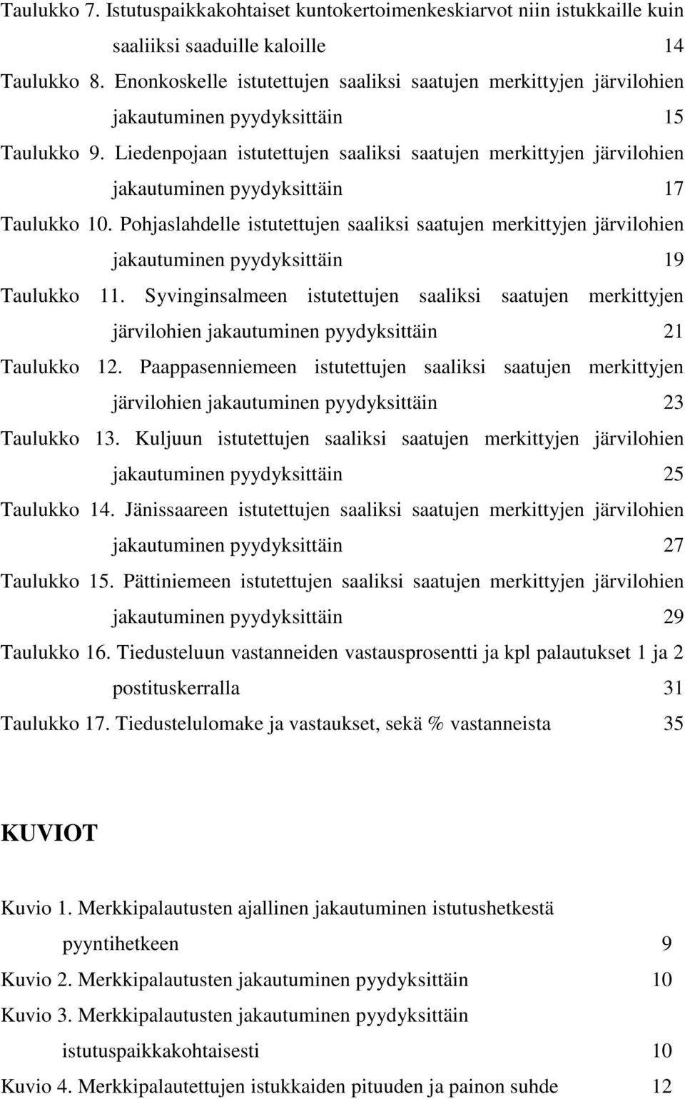 Liedenpojaan istutettujen saaliksi saatujen merkittyjen järvilohien jakautuminen pyydyksittäin 17 Taulukko 10.