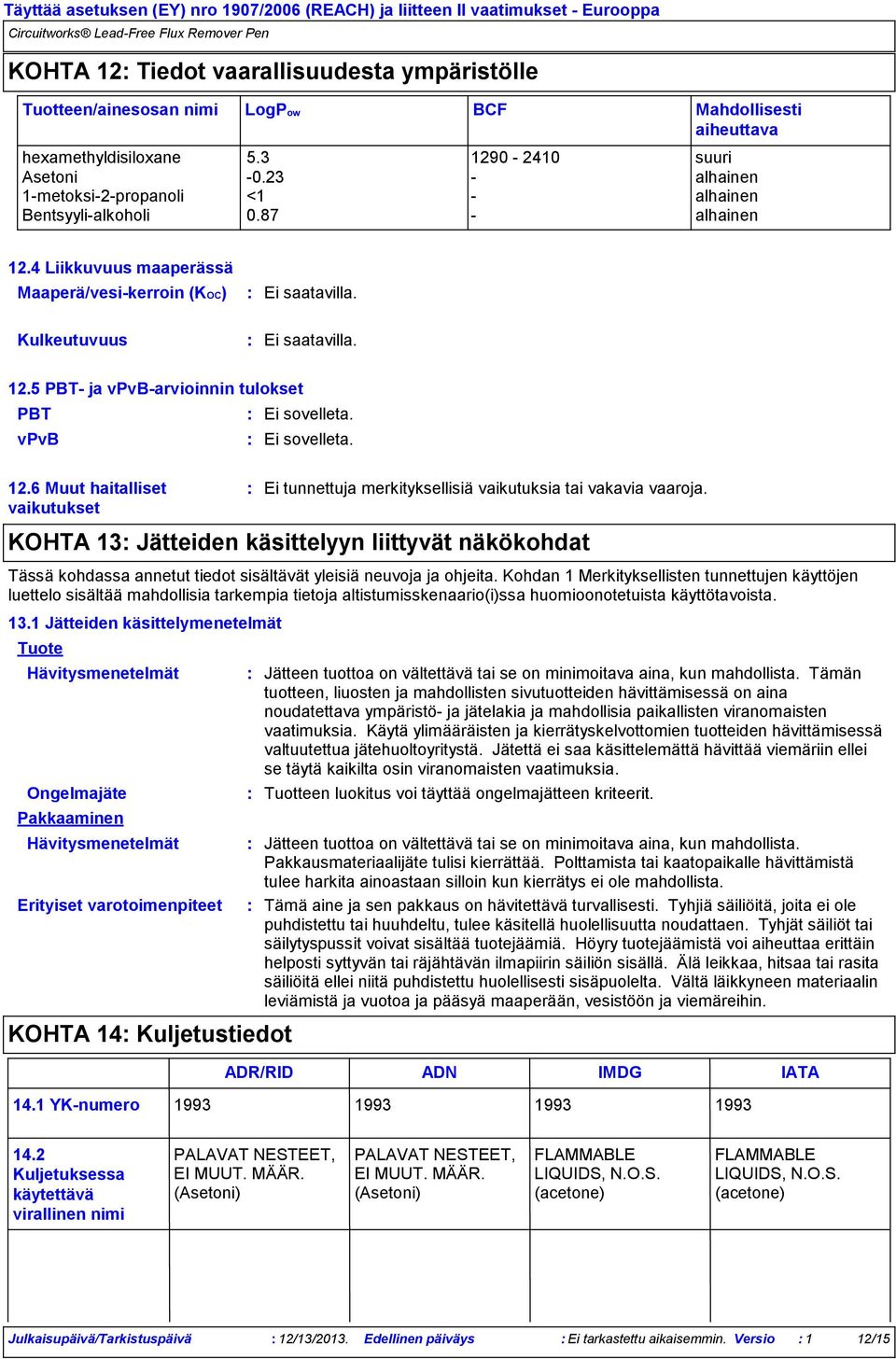 5 PBT- ja vpvb-arvioinnin tulokset PBT Ei sovelleta. vpvb Ei sovelleta. 12.6 Muut haitalliset vaikutukset Ei tunnettuja merkityksellisiä vaikutuksia tai vakavia vaaroja.