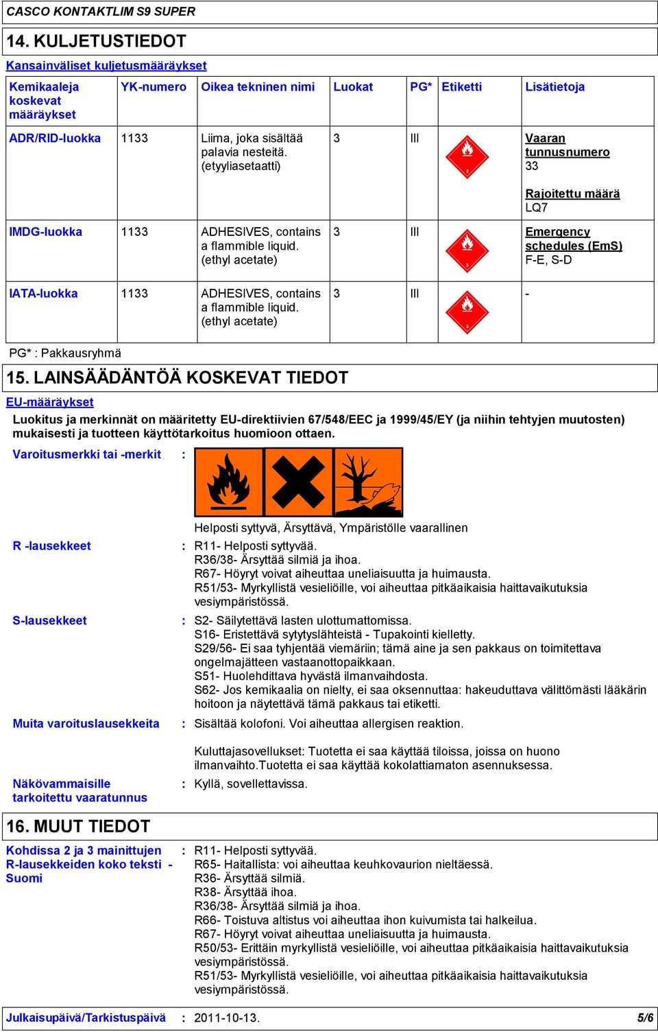 (ethyl acetate) 3 III Emergency schedules (EmS) F-E, S-D IATA-luokka 1133 ADHESIVES, contains 3 a flammible liquid. (ethyl acetate) III - PG* Pakkausryhmä 15.