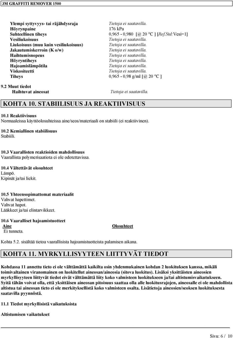 2 Muut tiedot Haihtuvat aineosat KOHTA 10. STABIILISUUS JA REAKTIIVISUUS 10.1 Reaktiivisuus Normaaleissa käyttöolosuhteissa aine/seos/materiaali on stabiili (ei reaktiivinen). 10.2 Kemiallinen stabiilisuus Stabiili.