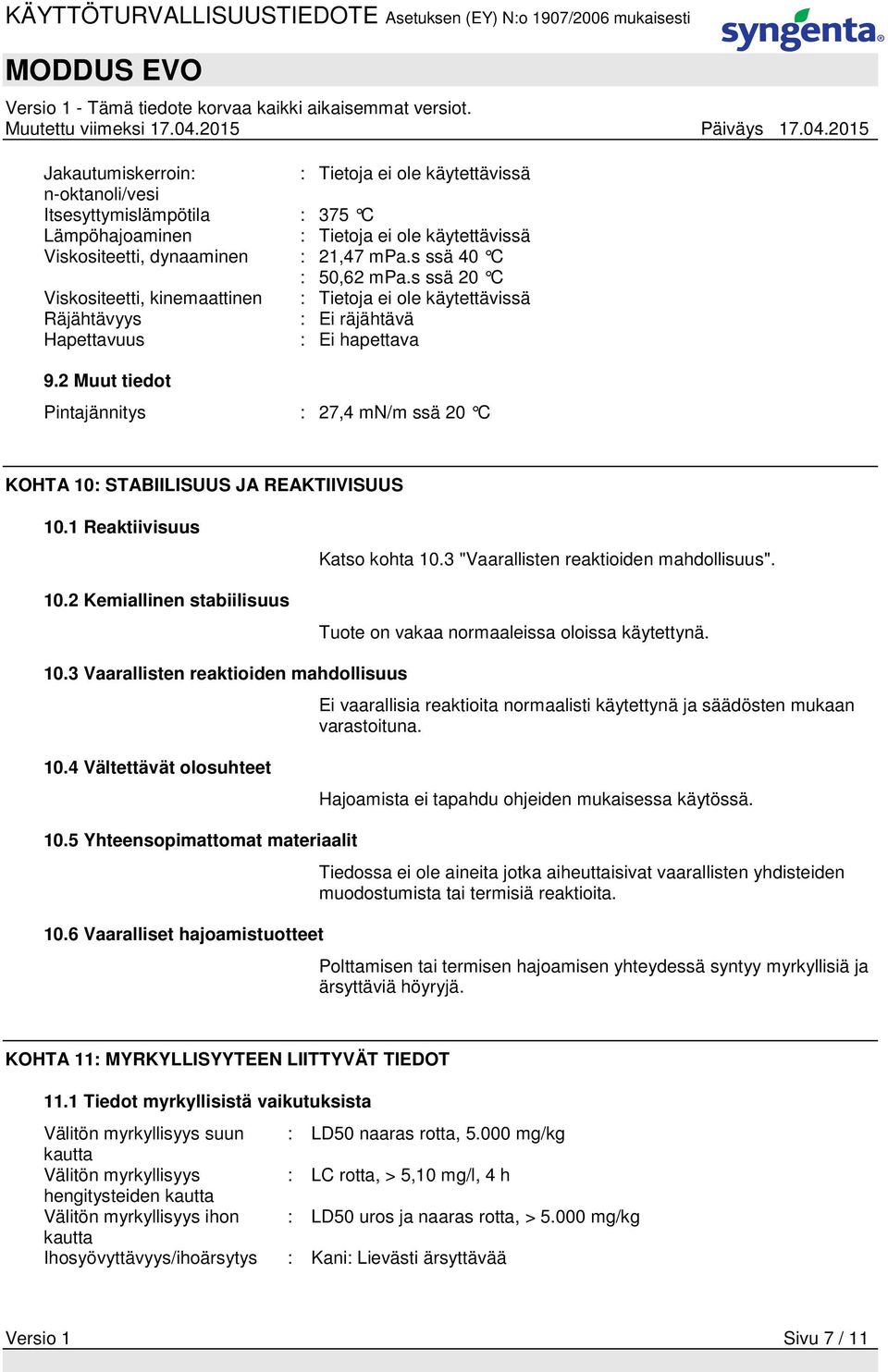 2 Muut tiedot Pintajännitys : 27,4 mn/m ssä 20 C KOHTA 10: STABIILISUUS JA REAKTIIVISUUS 10.1 Reaktiivisuus 10.2 Kemiallinen stabiilisuus Katso kohta 10.3 "Vaarallisten reaktioiden mahdollisuus".