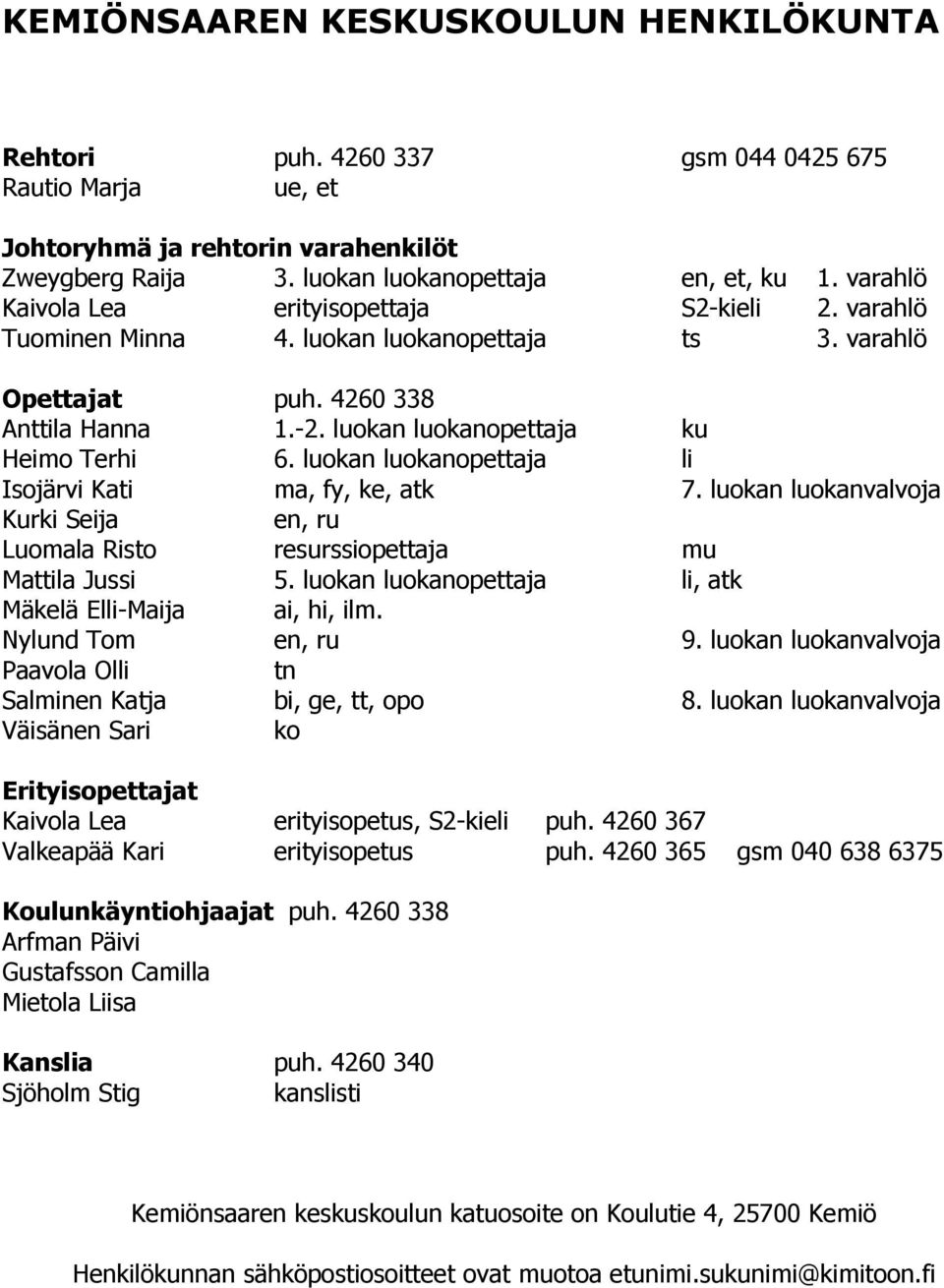 luokan luokanopettaja li Isojärvi Kati ma, fy, ke, atk 7. luokan luokanvalvoja Kurki Seija en, ru Luomala Risto resurssiopettaja mu Mattila Jussi 5.