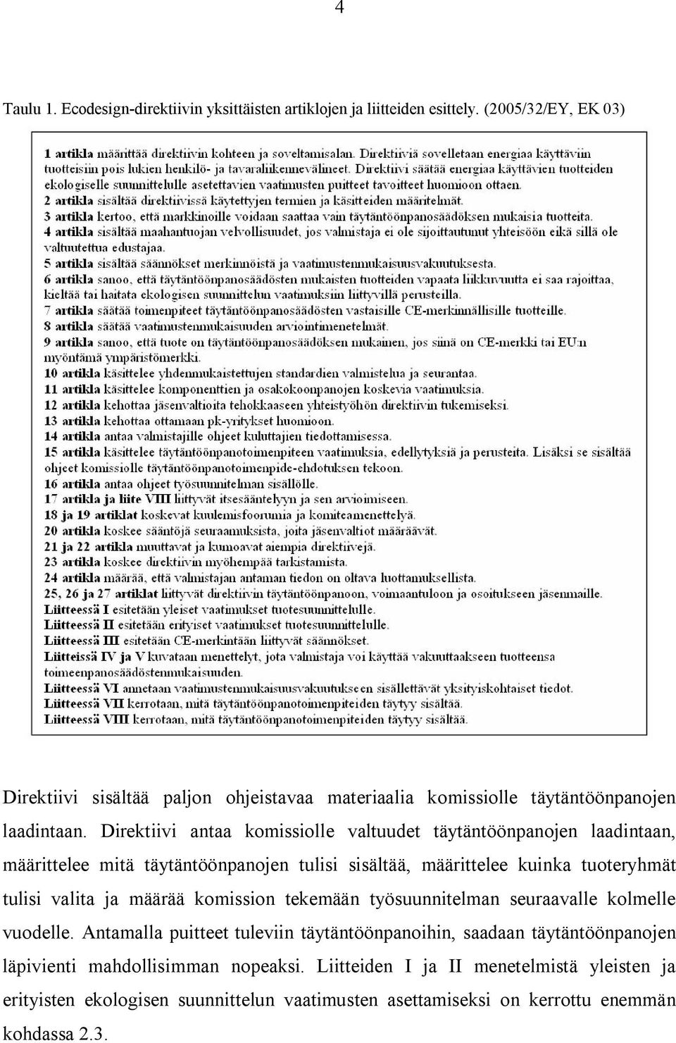 Direktiivi antaa komissiolle valtuudet täytäntöönpanojen laadintaan, määrittelee mitä täytäntöönpanojen tulisi sisältää, määrittelee kuinka tuoteryhmät tulisi valita ja