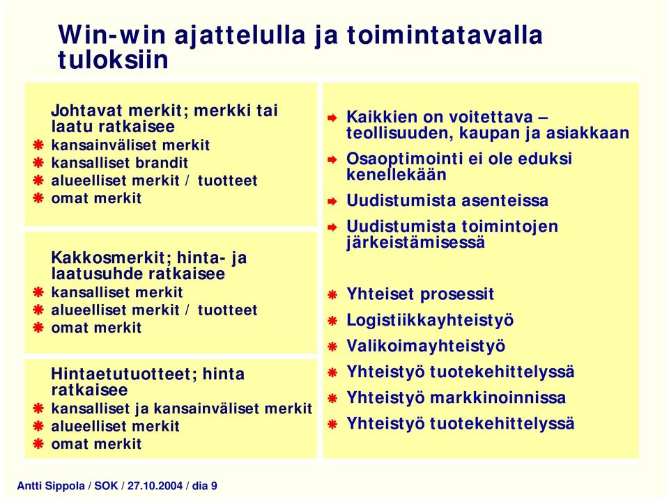 alueelliset merkit omat merkit Kaikkien on voitettava teollisuuden, kaupan ja asiakkaan Osaoptimointi ei ole eduksi kenellekään Uudistumista asenteissa Uudistumista toimintojen