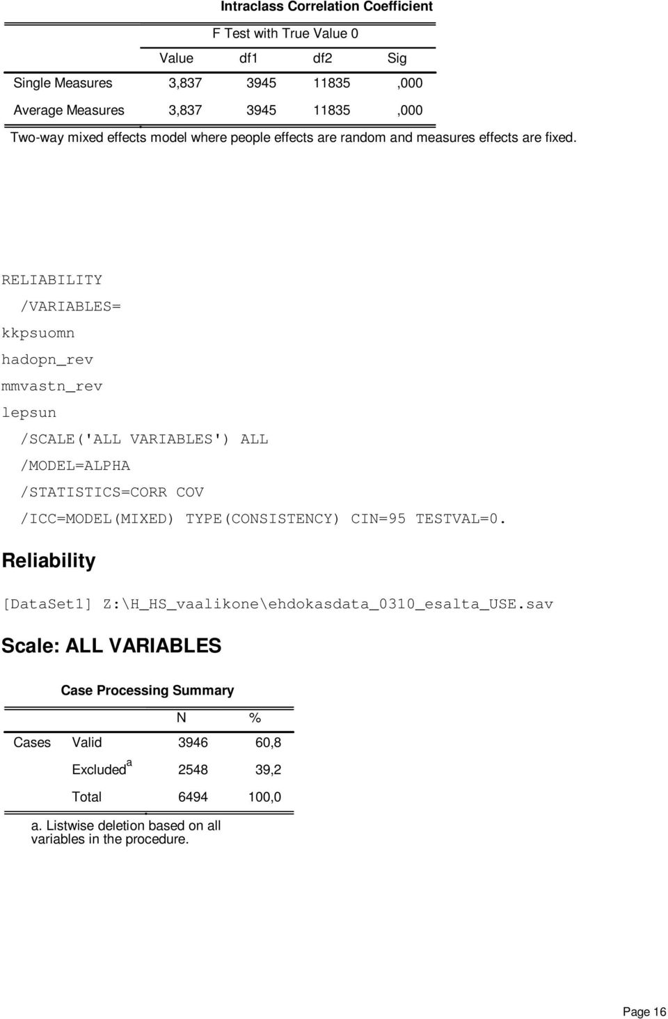 RELIABILITY /VARIABLES= kkpsuomn hadopn_rev mmvastn_rev lepsun /SCALE('ALL VARIABLES') ALL /MODEL=ALPHA /STATISTICS=CORR COV /ICC=MODEL(MIXED) TYPE(COSISTECY) CI=95