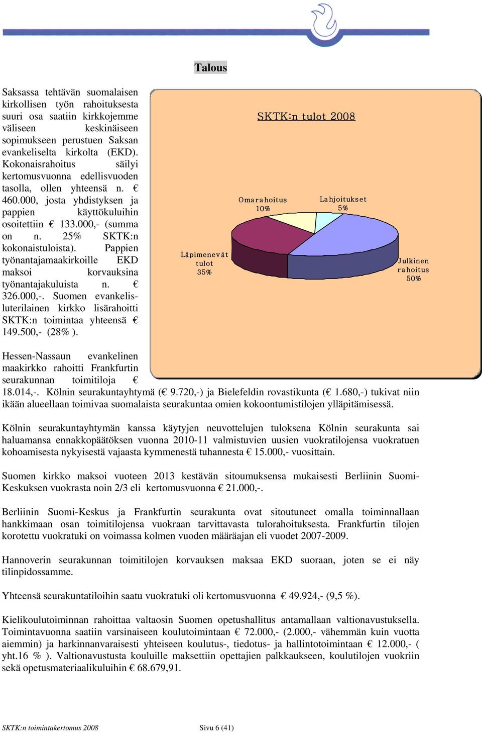 Pappien työnantajamaakirkoille EKD maksoi korvauksina työnantajakuluista n. 326.000,-. Suomen evankelisluterilainen kirkko lisärahoitti SKTK:n toimintaa yhteensä 149.500,- (28% ).