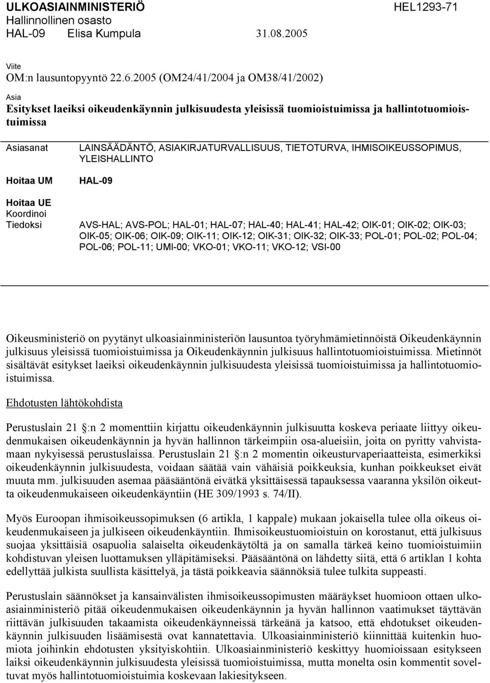 LAINSÄÄDÄNTÖ, ASIAKIRJATURVALLISUUS, TIETOTURVA, IHMISOIKEUSSOPIMUS, YLEISHALLINTO HAL-09 AVS-HAL; AVS-POL; HAL-01; HAL-07; HAL-40; HAL-41; HAL-42; OIK-01; OIK-02; OIK-03; OIK-05; OIK-06; OIK-09;