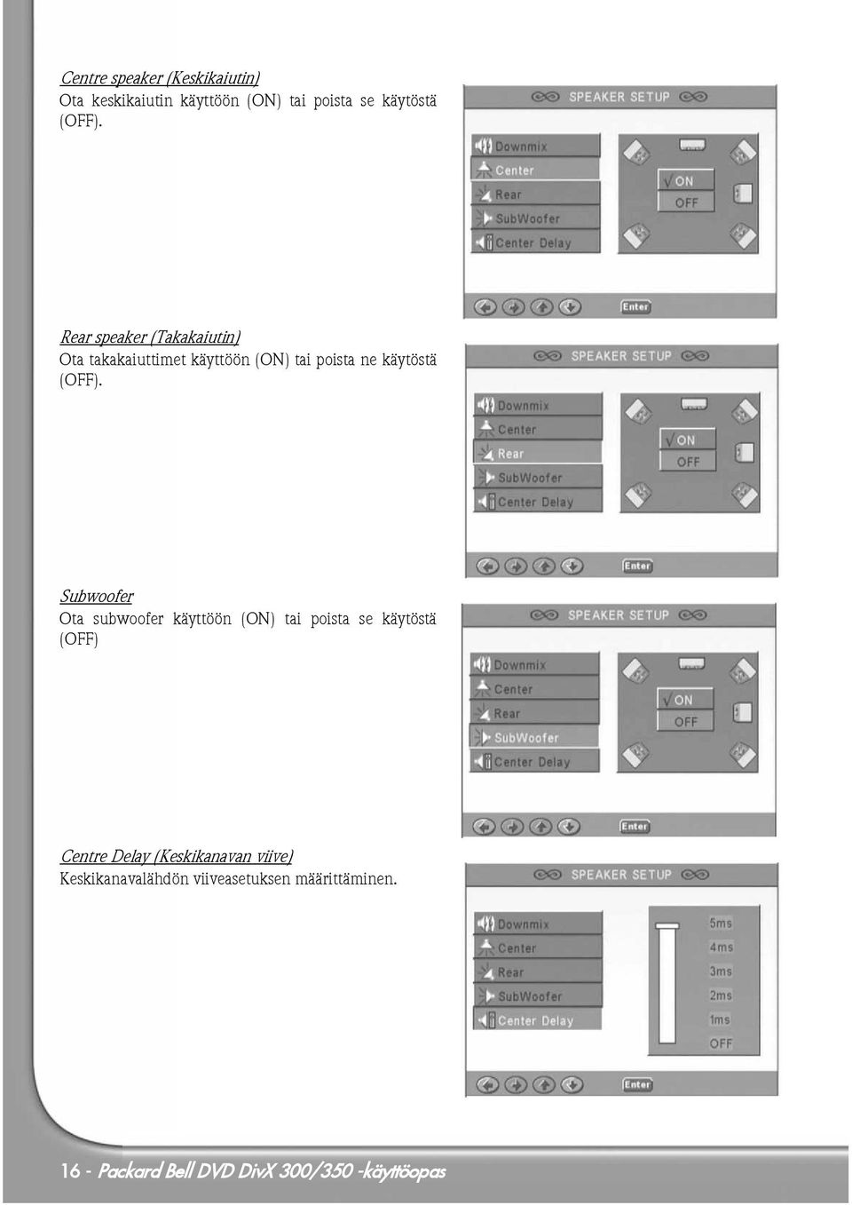 Subwoofer Ota subwoofer käyttöön (ON) tai poista se käytöstä (OFF) Centre Delay (Keskikanavan