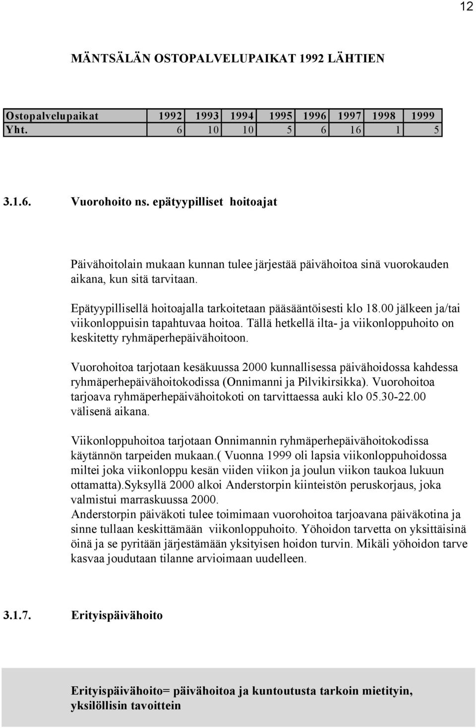 00 jälkeen ja/tai viikonloppuisin tapahtuvaa hoitoa. Tällä hetkellä ilta- ja viikonloppuhoito on keskitetty ryhmäperhepäivähoitoon.