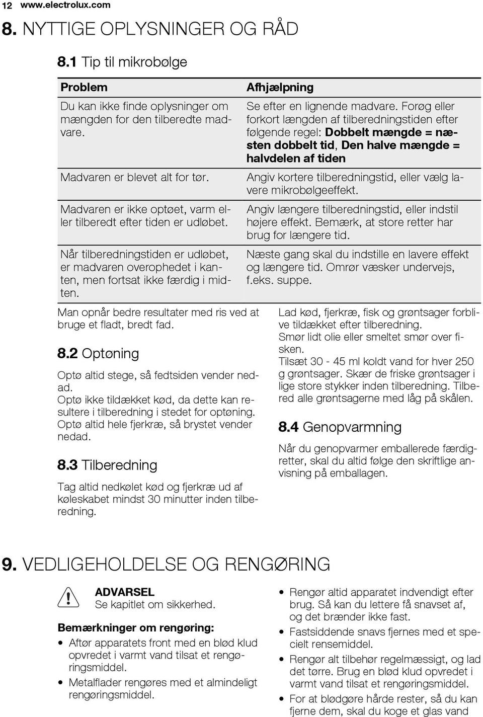 Man opnår bedre resultater med ris ved at bruge et fladt, bredt fad. 8.2 Optøning Optø altid stege, så fedtsiden vender nedad.