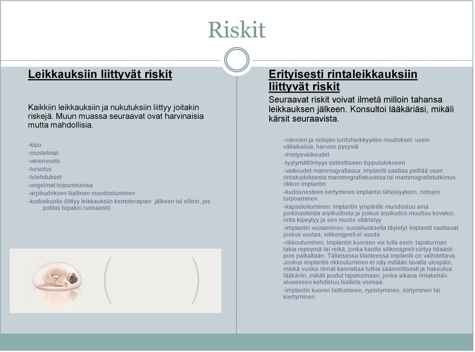 tupakoi runsaasti) Erityisesti rintaleikkauksiin liittyvät riskit Seuraavat riskit voivat ilmetä milloin tahansa leikkauksen jälkeen. Konsultoi lääkäriäsi, mikäli kärsit seuraavista.