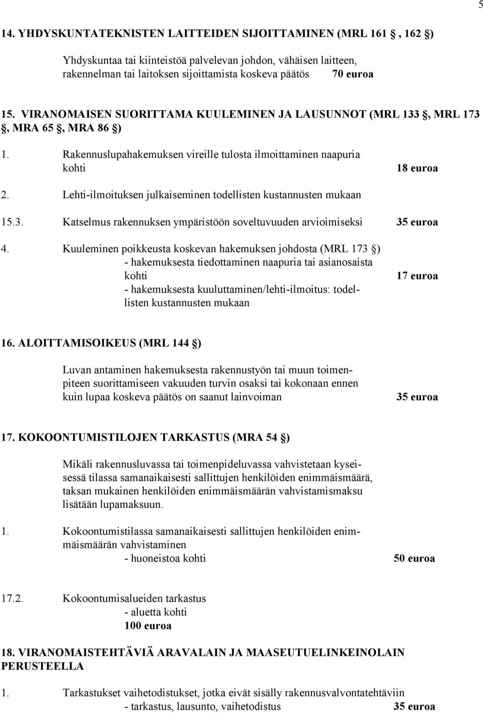 Lehti-ilmoituksen julkaiseminen todellisten kustannusten mukaan 15.3. Katselmus rakennuksen ympäristöön soveltuvuuden arvioimiseksi 35 euroa 4.