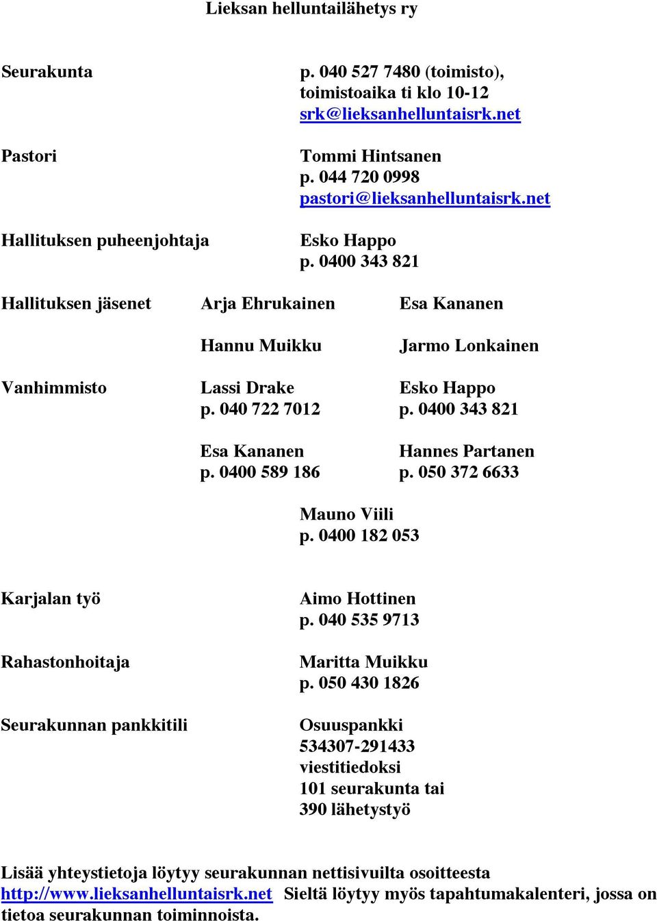 0400343821 Esa Kananen Hannes Partanen p. 0400589186 p. 0503726633 Mauno Viili p. 0400 182 053 Karjalan työ Rahastonhoitaja Seurakunnan pankkitili Aimo Hottinen p. 040 535 9713 Maritta Muikku p.