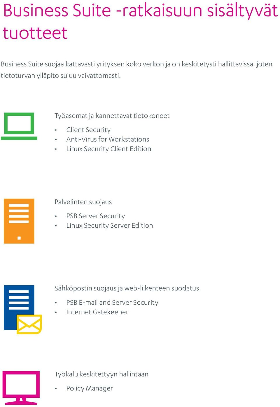 Työasemat ja kannettavat tietokoneet Client Security Anti-Virus for Workstations Linux Security Client Edition Palvelinten