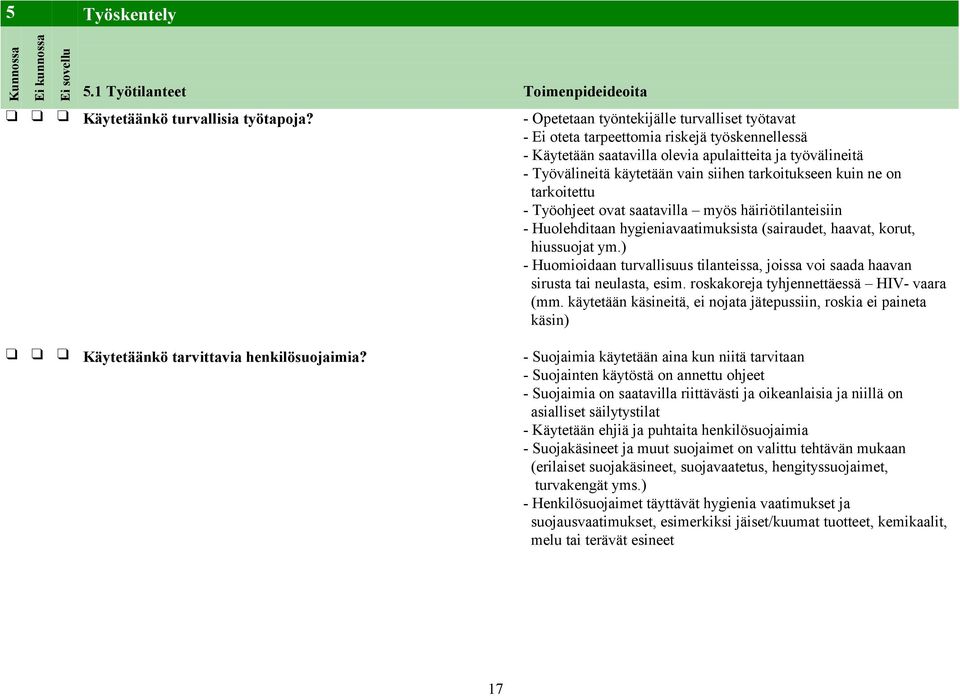 tarkoitukseen kuin ne on tarkoitettu - Työohjeet ovat saatavilla myös häiriötilanteisiin - Huolehditaan hygieniavaatimuksista (sairaudet, haavat, korut, hiussuojat ym.