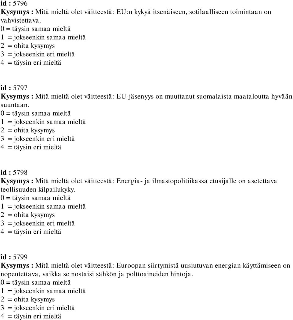 id : 5798 Kysymys : Mitä mieltä olet väitteestä: Energia- ja ilmastopolitiikassa etusijalle on asetettava teollisuuden kilpailukyky.