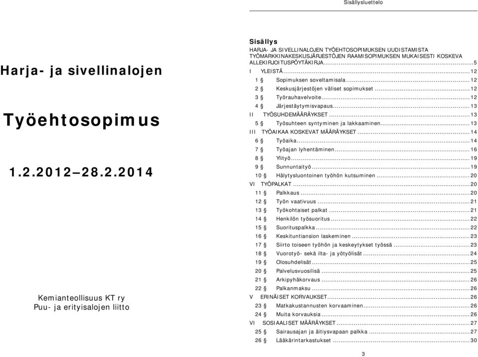 ALLEKIRJOITUSPÖYTÄKIRJA... 5 I YLEISTÄ... 12 1 Sopimuksen soveltamisala... 12 2 Keskusjärjestöjen väliset sopimukset... 12 3 Työrauhavelvoite... 12 4 Järjestäytymisvapaus... 13 II TYÖSUHDEMÄÄRÄYKSET.