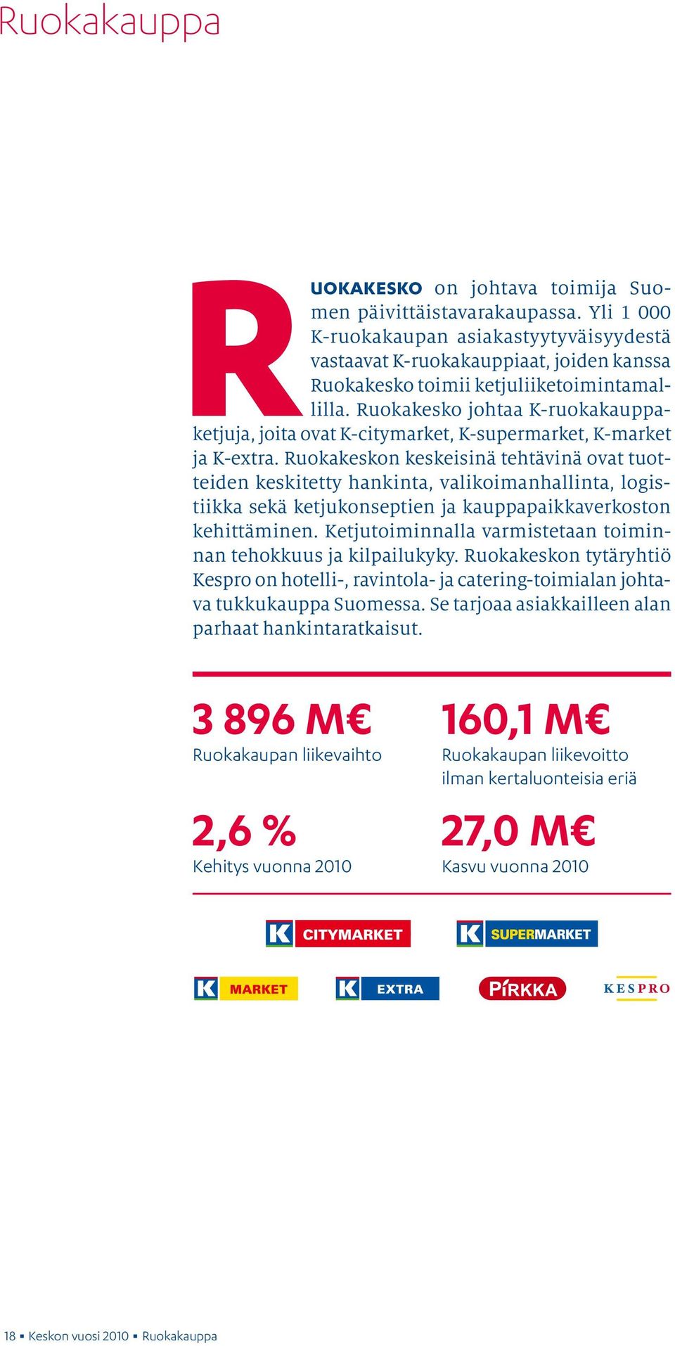 Ruokakesko johtaa K-ruokakauppaketjuja, joita ovat K-citymarket, K-supermarket, K-market ja K-extra.