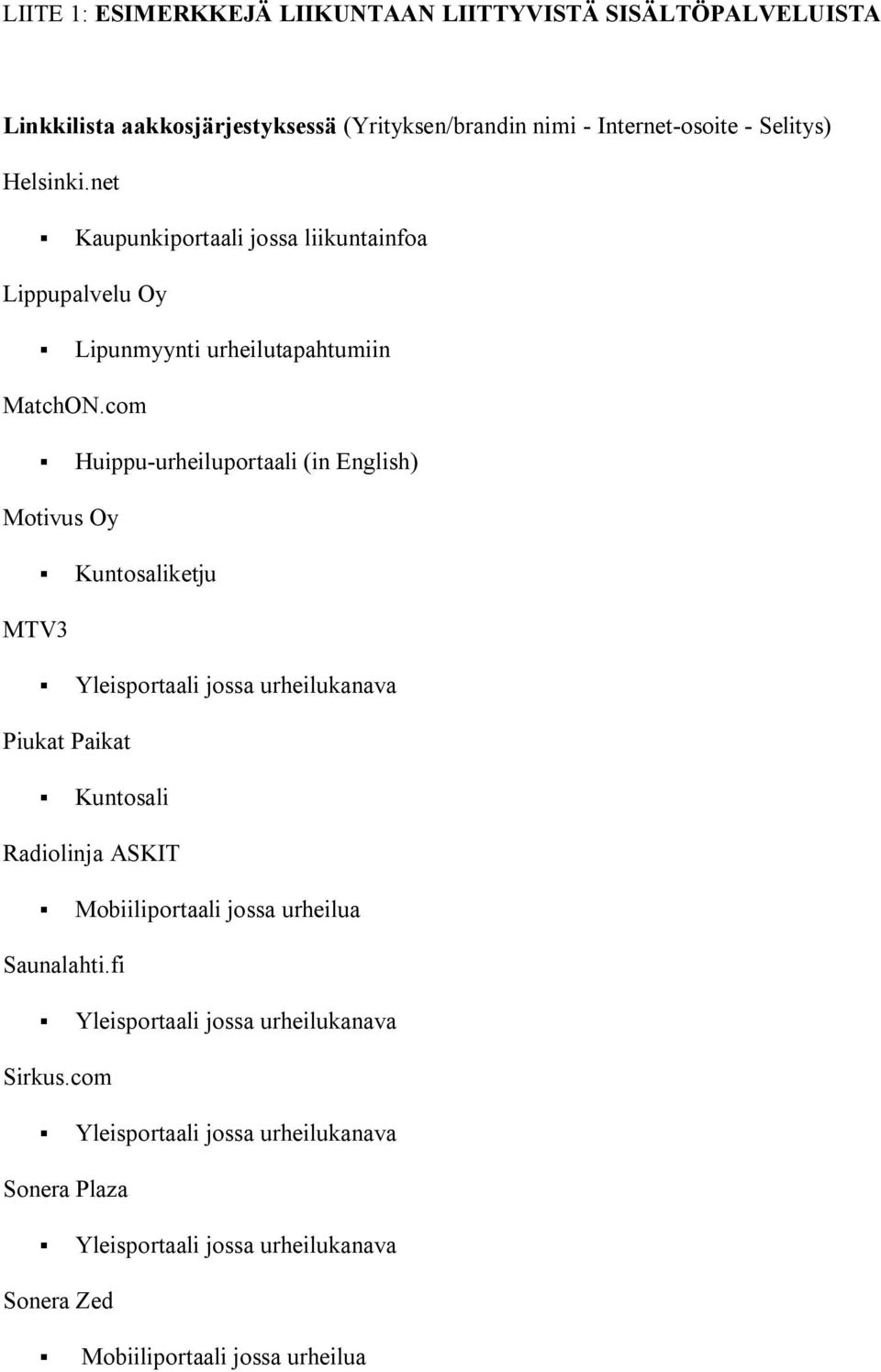 com Huippu-urheiluportaali (in English) Motivus Oy Kuntosaliketju MTV3 Yleisportaali jossa urheilukanava Piukat Paikat Kuntosali Radiolinja ASKIT