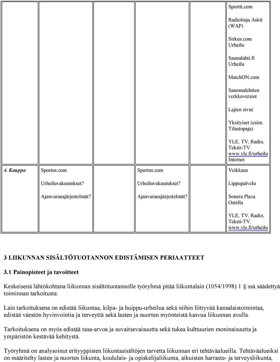 fi/urheilu Internet Veikkaus Lippupalvelu Sonera Plaza Ostella YLE, TV, Radio, Teksti-TV. www.yle.fi/urheilu 3 LIIKUNNAN SISÄLTÖTUOTANNON EDISTÄMISEN PERIAATTEET 3.