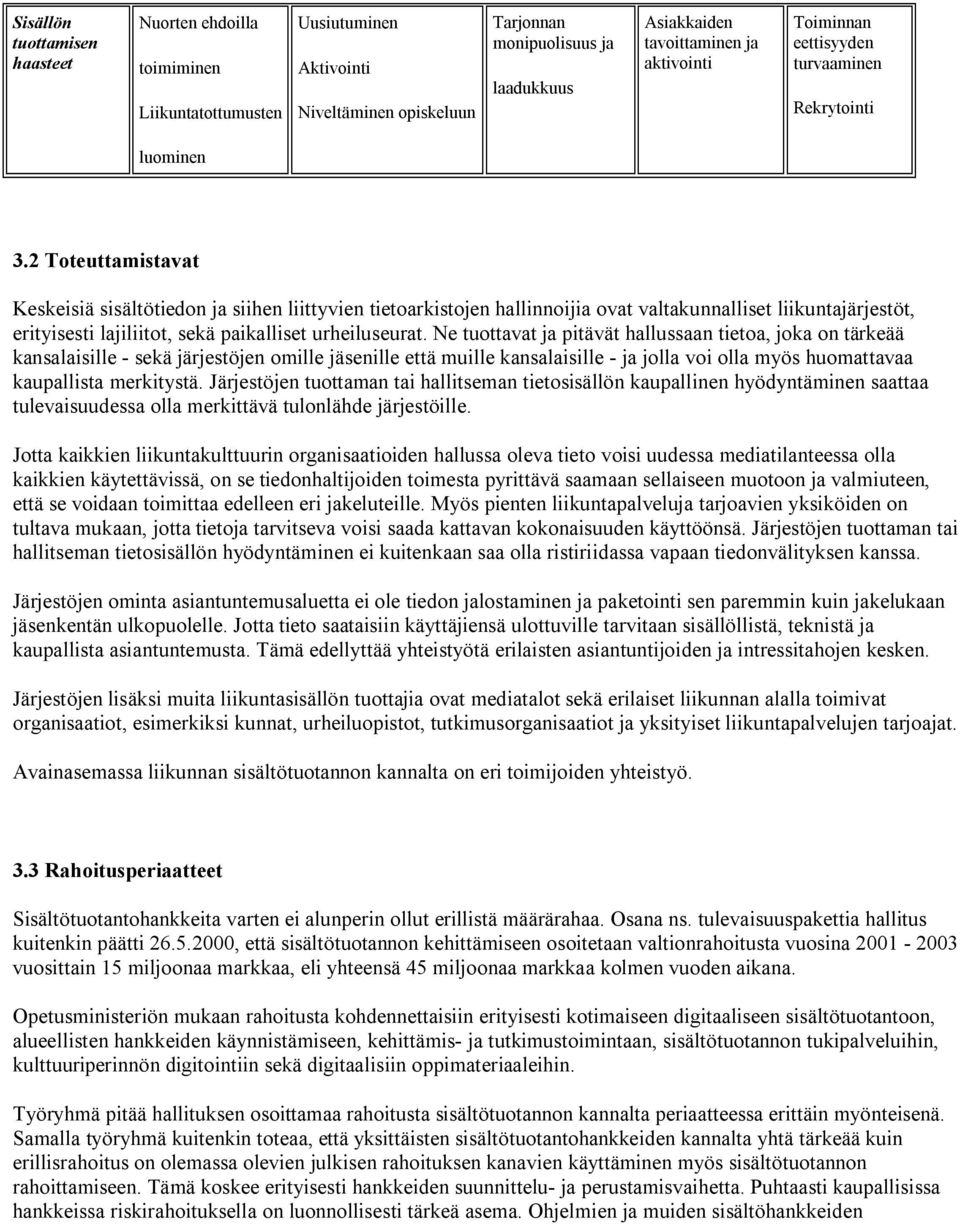 2 Toteuttamistavat Keskeisiä sisältötiedon ja siihen liittyvien tietoarkistojen hallinnoijia ovat valtakunnalliset liikuntajärjestöt, erityisesti lajiliitot, sekä paikalliset urheiluseurat.