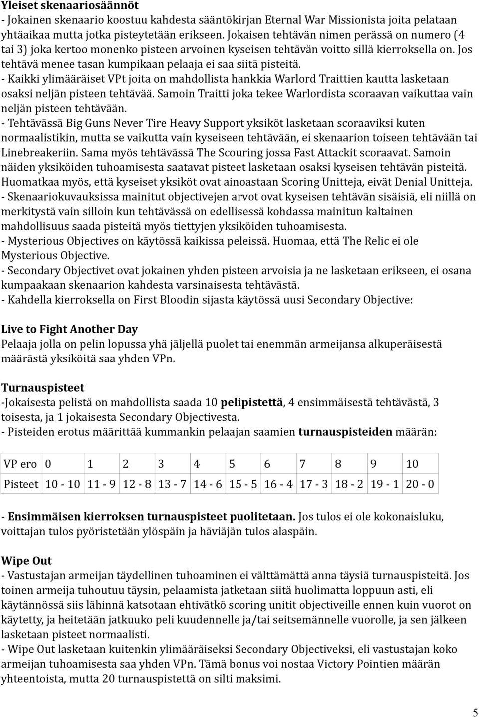 Jos tehtävä menee tasan kumpikaan pelaaja ei saa siitä pisteitä. - Kaikki ylimääräiset VPt joita on mahdollista hankkia Warlord Traittien kautta lasketaan osaksi neljän pisteen tehtävää.