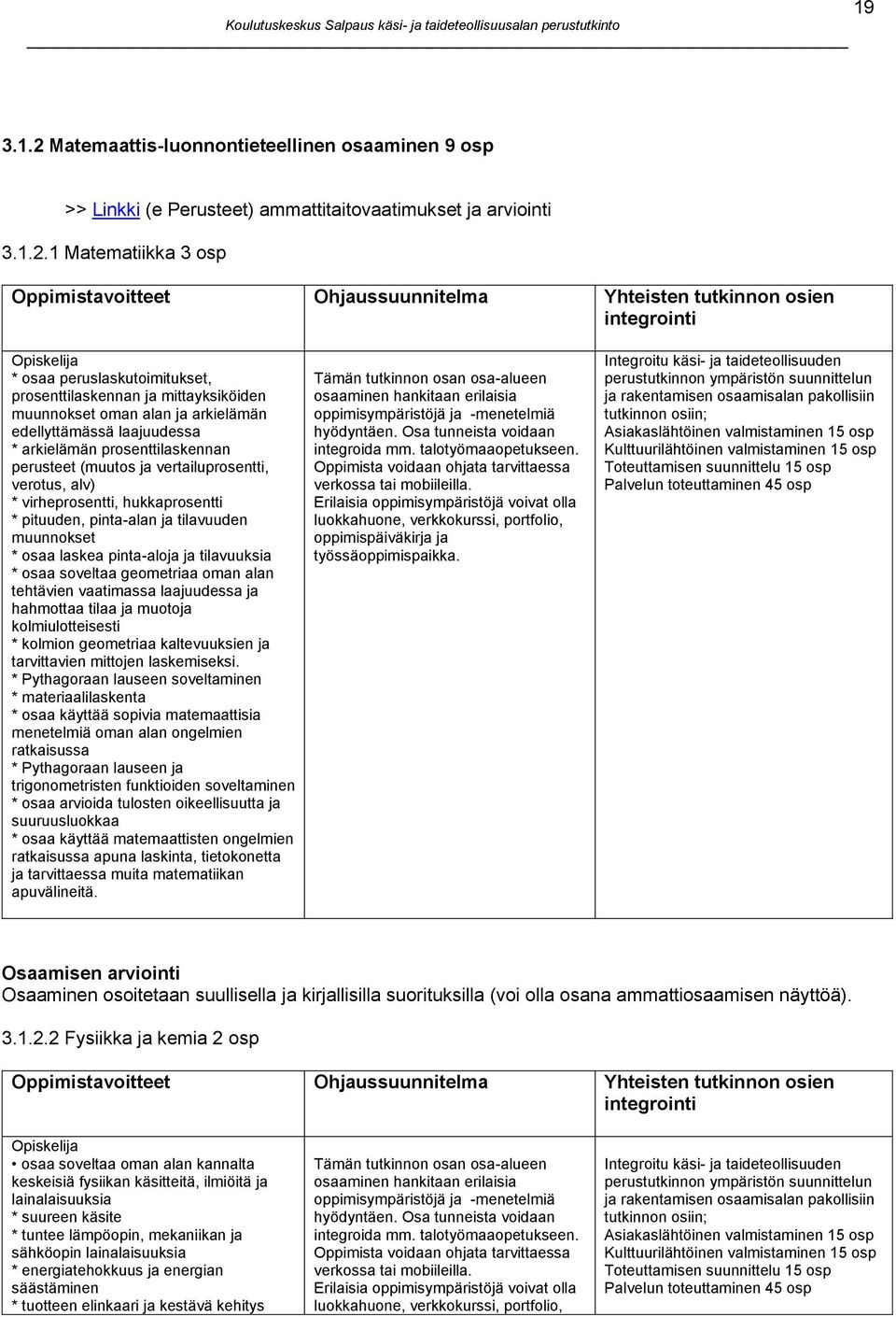 1 Matematiikka 3 osp integrointi Opiskelija * osaa peruslaskutoimitukset, prosenttilaskennan ja mittayksiköiden muunnokset oman alan ja arkielämän edellyttämässä laajuudessa * arkielämän