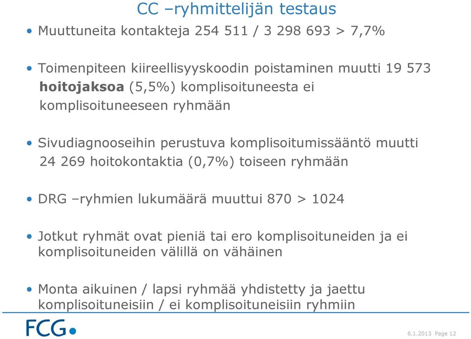 hoitokontaktia (0,7%) toiseen ryhmään DRG ryhmien lukumäärä muuttui 870 > 1024 Jotkut ryhmät ovat pieniä tai ero komplisoituneiden ja ei