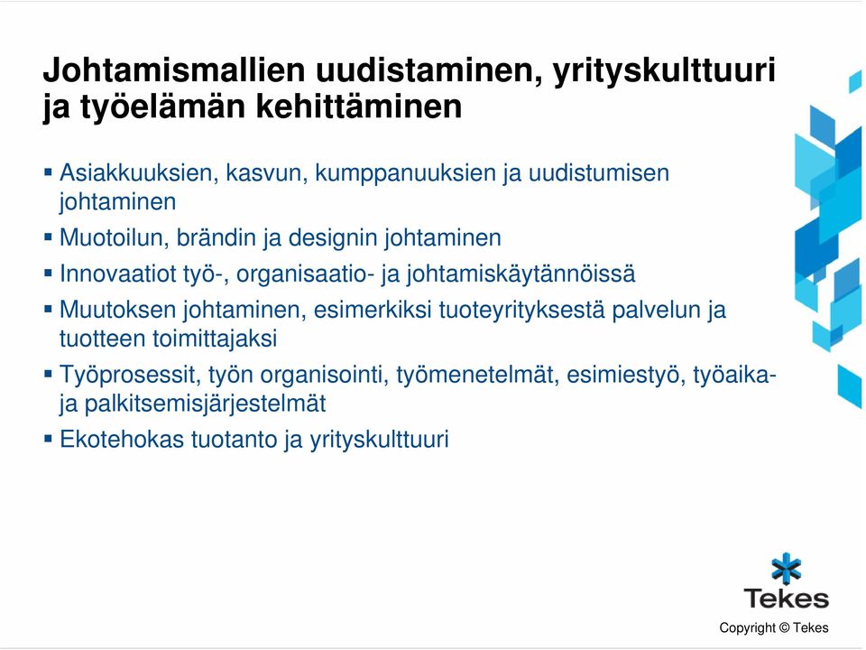 johtamiskäytännöissä Muutoksen johtaminen, esimerkiksi tuoteyrityksestä palvelun ja tuotteen toimittajaksi