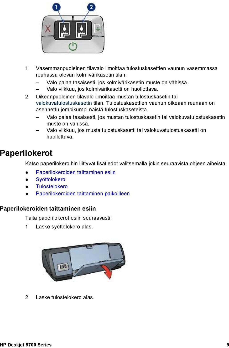 Tulostuskasettien vaunun oikeaan reunaan on asennettu jompikumpi näistä tulostuskaseteista. Valo palaa tasaisesti, jos mustan tulostuskasetin tai valokuvatulostuskasetin muste on vähissä.