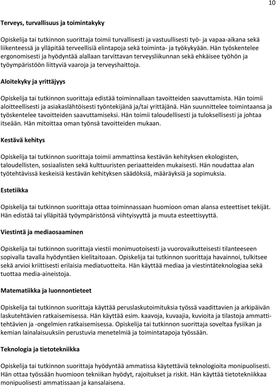 Aloitekyky ja yrittäjyys Opiskelija tai tutkinnon suorittaja edistää toiminnallaan tavoitteiden saavuttamista. Hän toimii aloitteellisesti ja asiakaslähtöisesti työntekijänä ja/tai yrittäjänä.