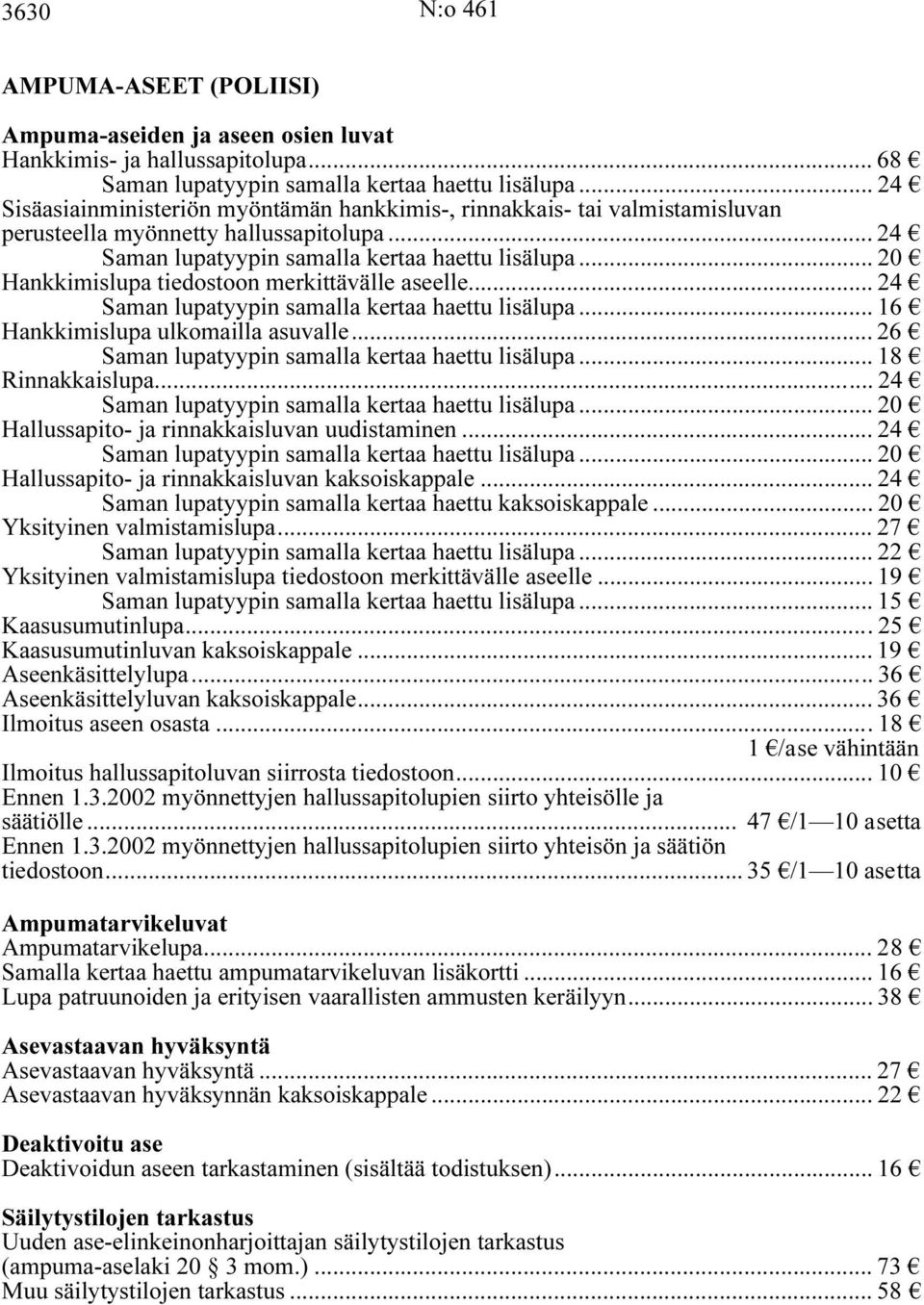 .. 20 Hankkimislupa tiedostoon merkittävälle aseelle... 24 Saman lupatyypin samalla kertaa haettu lisälupa... 16 Hankkimislupa ulkomailla asuvalle... 26 Saman lupatyypin samalla kertaa haettu lisälupa.