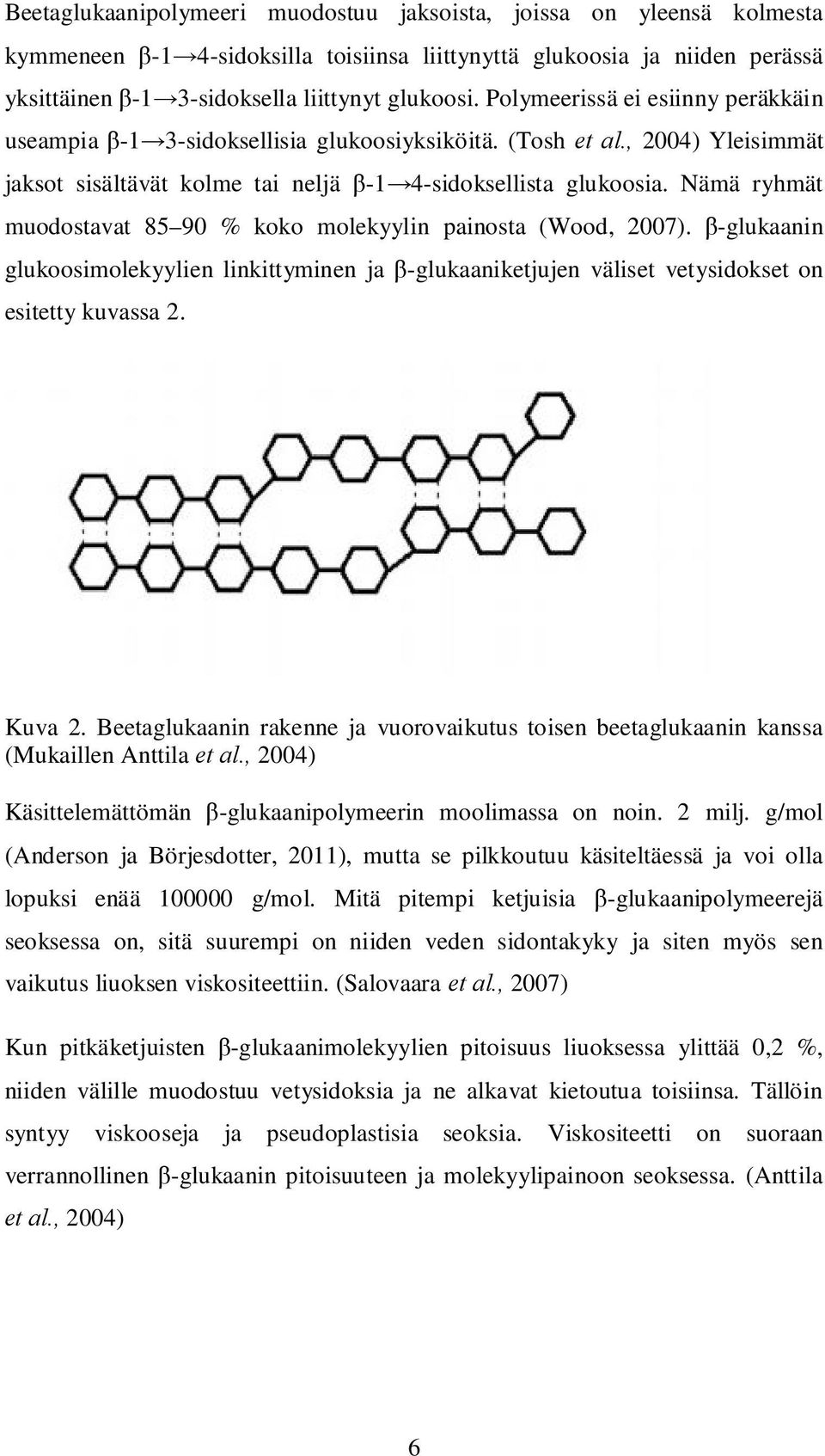 Nämä ryhmät muodostavat 85 90 % koko molekyylin painosta (Wood, 2007). -glukaanin glukoosimolekyylien linkittyminen ja -glukaaniketjujen väliset vetysidokset on esitetty kuvassa 2. Kuva 2.