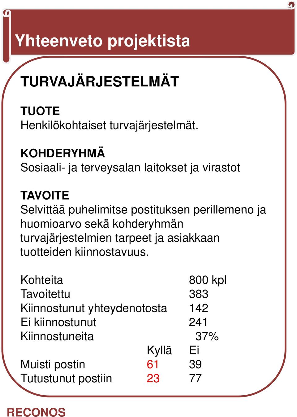 ja huomioarvo sekä kohderyhmän turvajärjestelmien tarpeet ja asiakkaan tuotteiden kiinnostavuus.