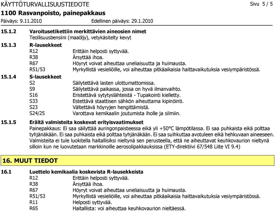 S33 Estettävä staattisen sähkön aiheuttama kipinöinti. S23 Vältettävä höyryjen hengittämistä. S24/25 Varottava kemikaalin joutumista iholle ja silmiin. 15